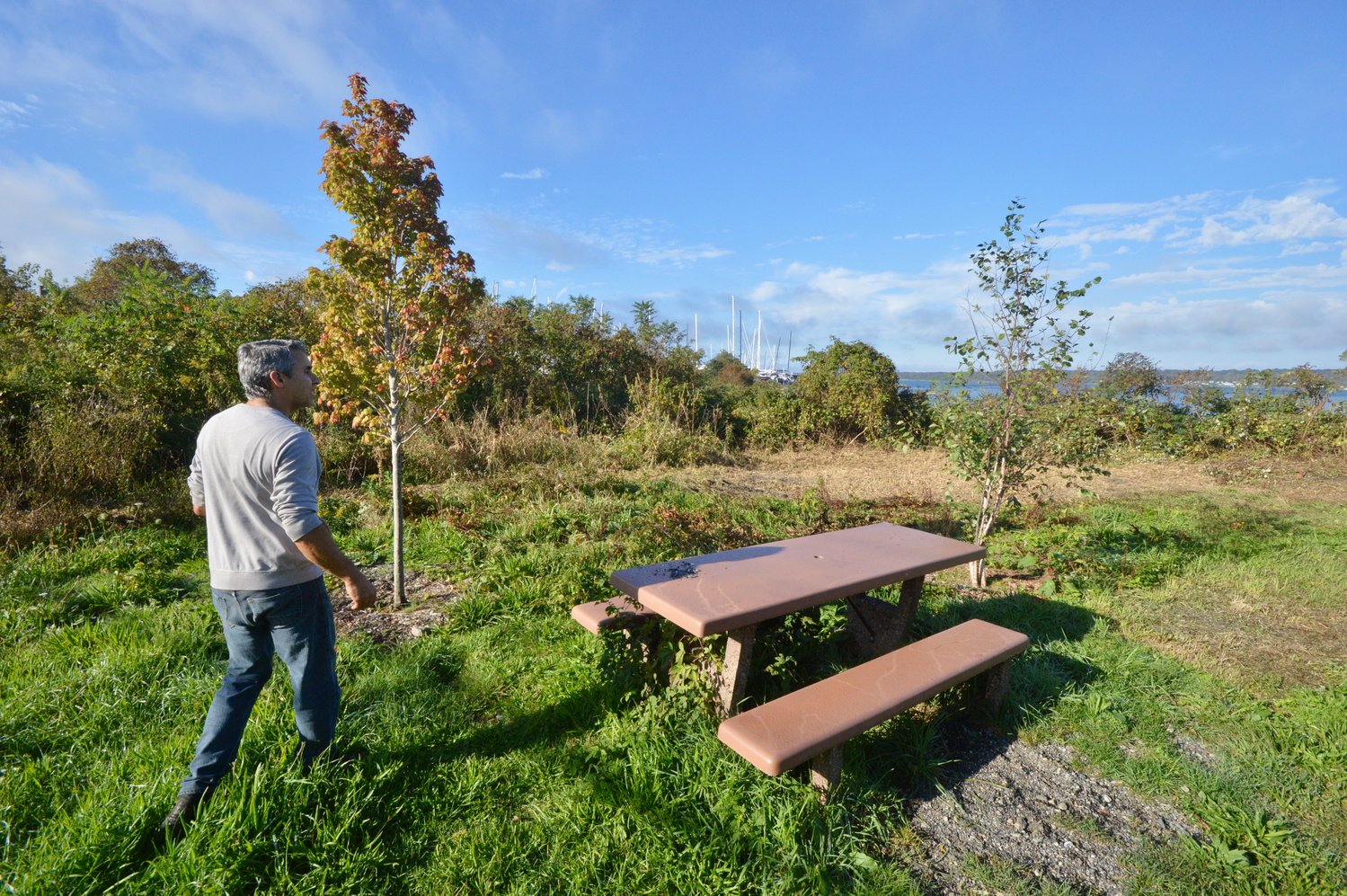 The Girl Scouts donated this picnic table at the bottom of Mott Farm Road, which offers a view of the bay.