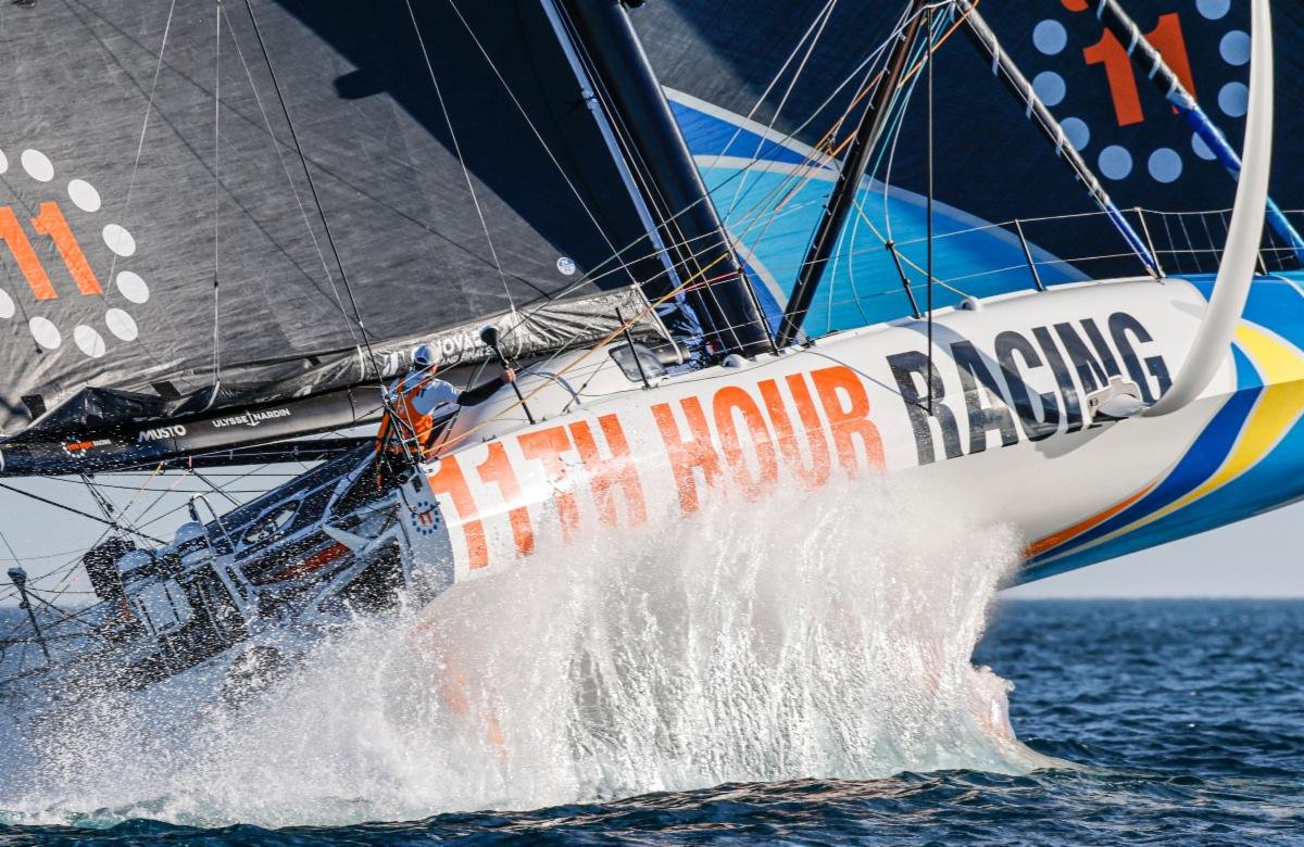 Charlie Enright (left) and 11th Hour Racing crew take off from Alicante, Spain during Leg 1 of the Ocean Race on Sunday.