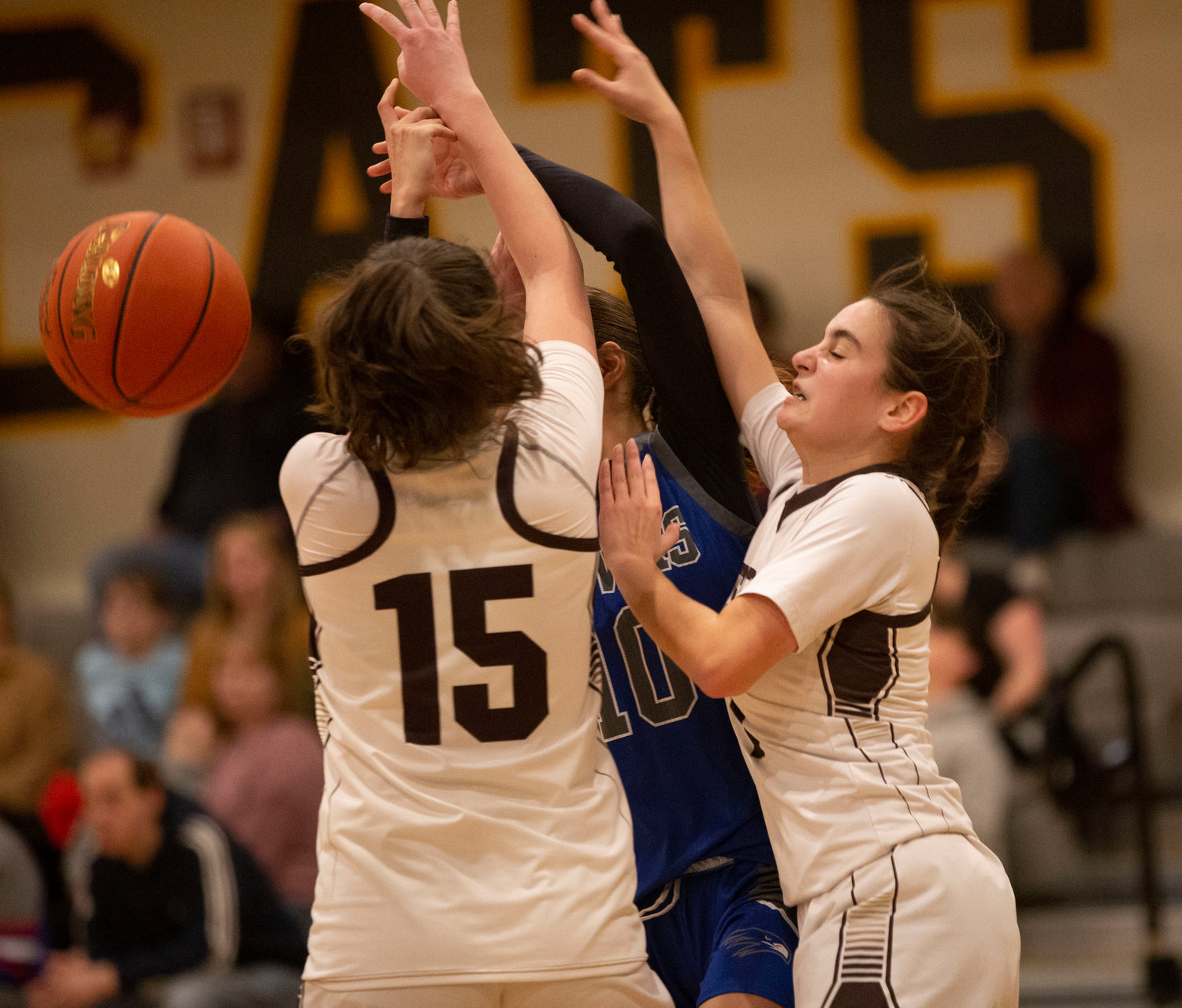 Meghan Lolloy (left) and Julia George fight for a rebound.