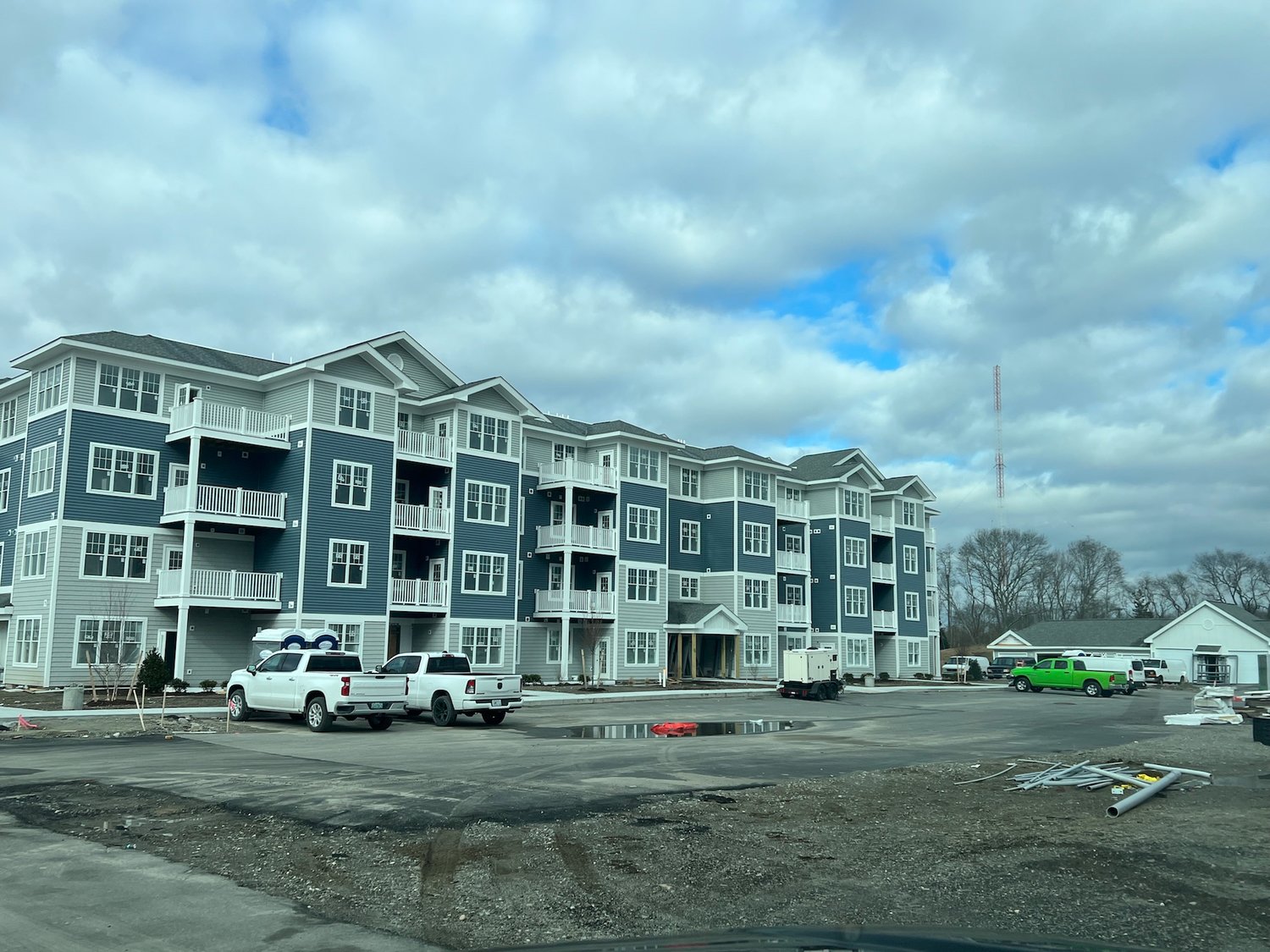 A view of the soon to be completed first apartment building at "Wampanoag Meadows" off The Trail in Riverside.