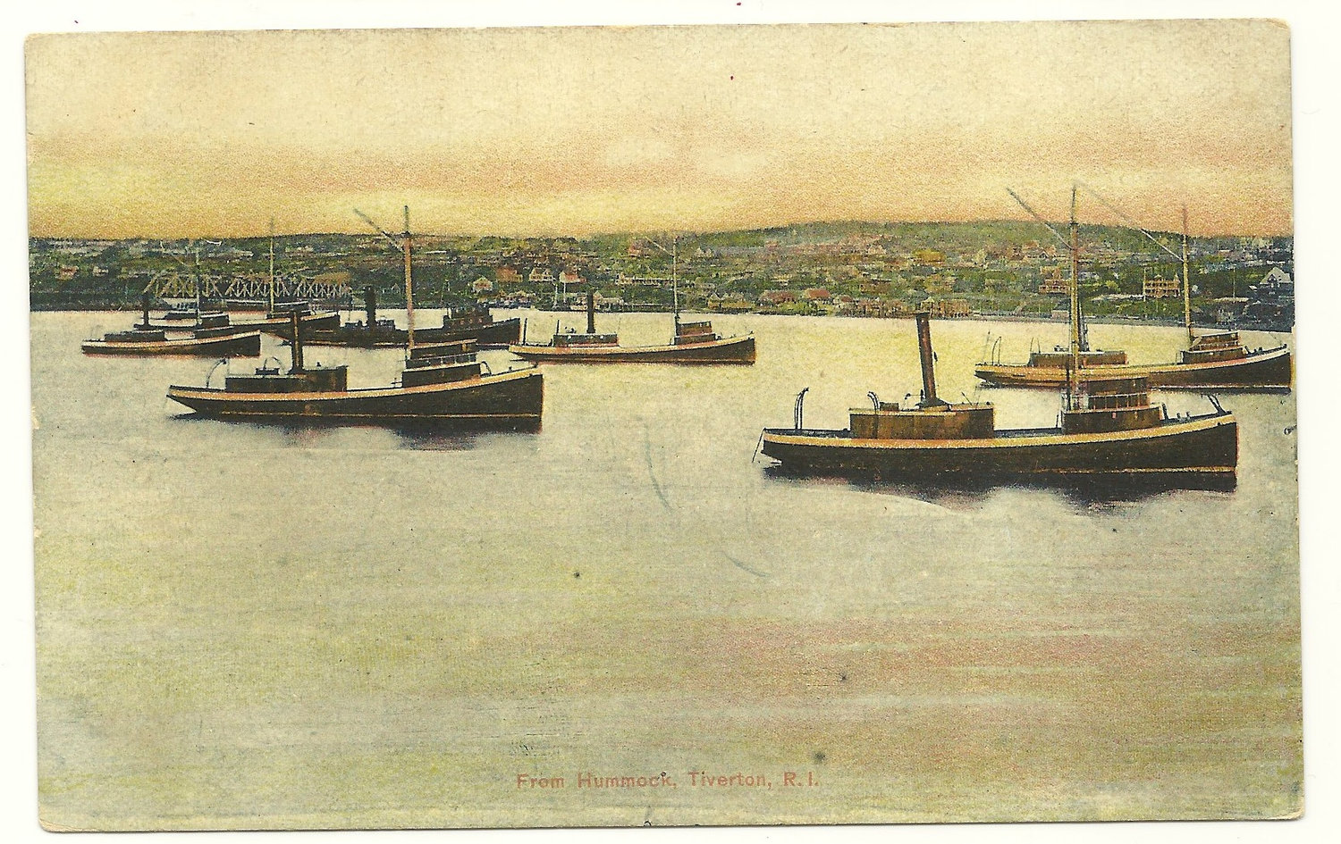 A fleet of pogy fishing boats, owned by the Church brothers, off Common Fence Point in the early part of the 20th century. The family had a large-scale fish processing plant, known as Narragansett Oil Works and other names, that operated from the 1860s through the 1920s.