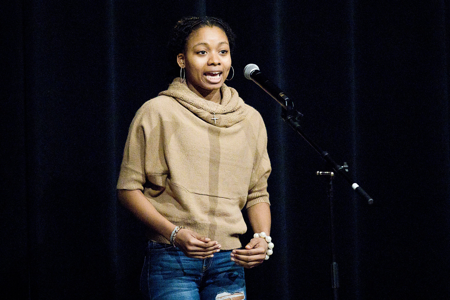 Nazarae Phillip performs "Always Something More Beautiful" by Stephen Dunn during her winning performance at the 2023 EPHS "Poetry Out Loud" contest Thursday, Jan. 26.