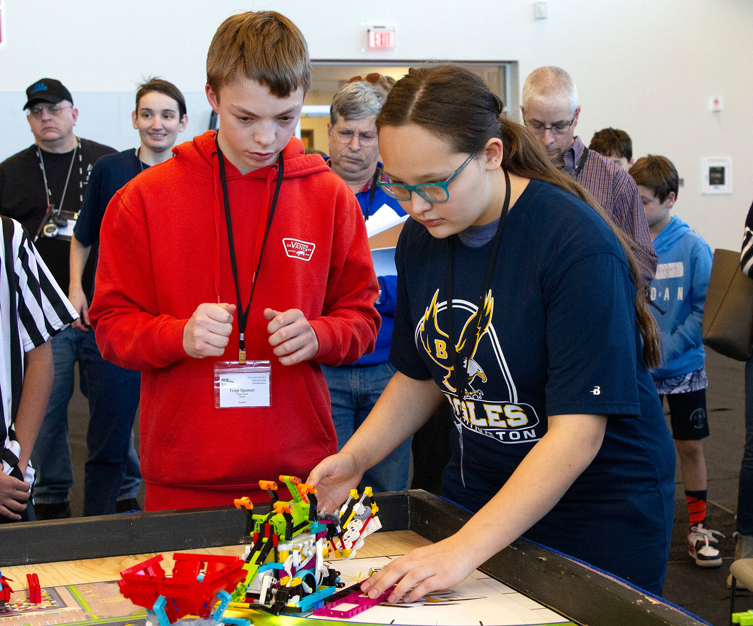 Barrington Middle School's Tripp Spencer (left) and Mie Green work together during the competition.