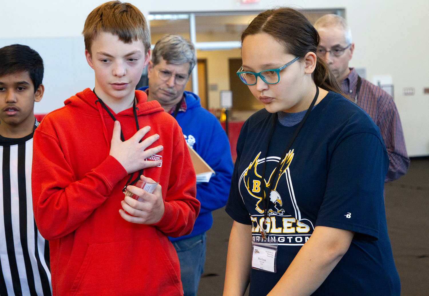 Barrington Middle School's Tripp Spencer (left) and Mie Green work together during the competition.