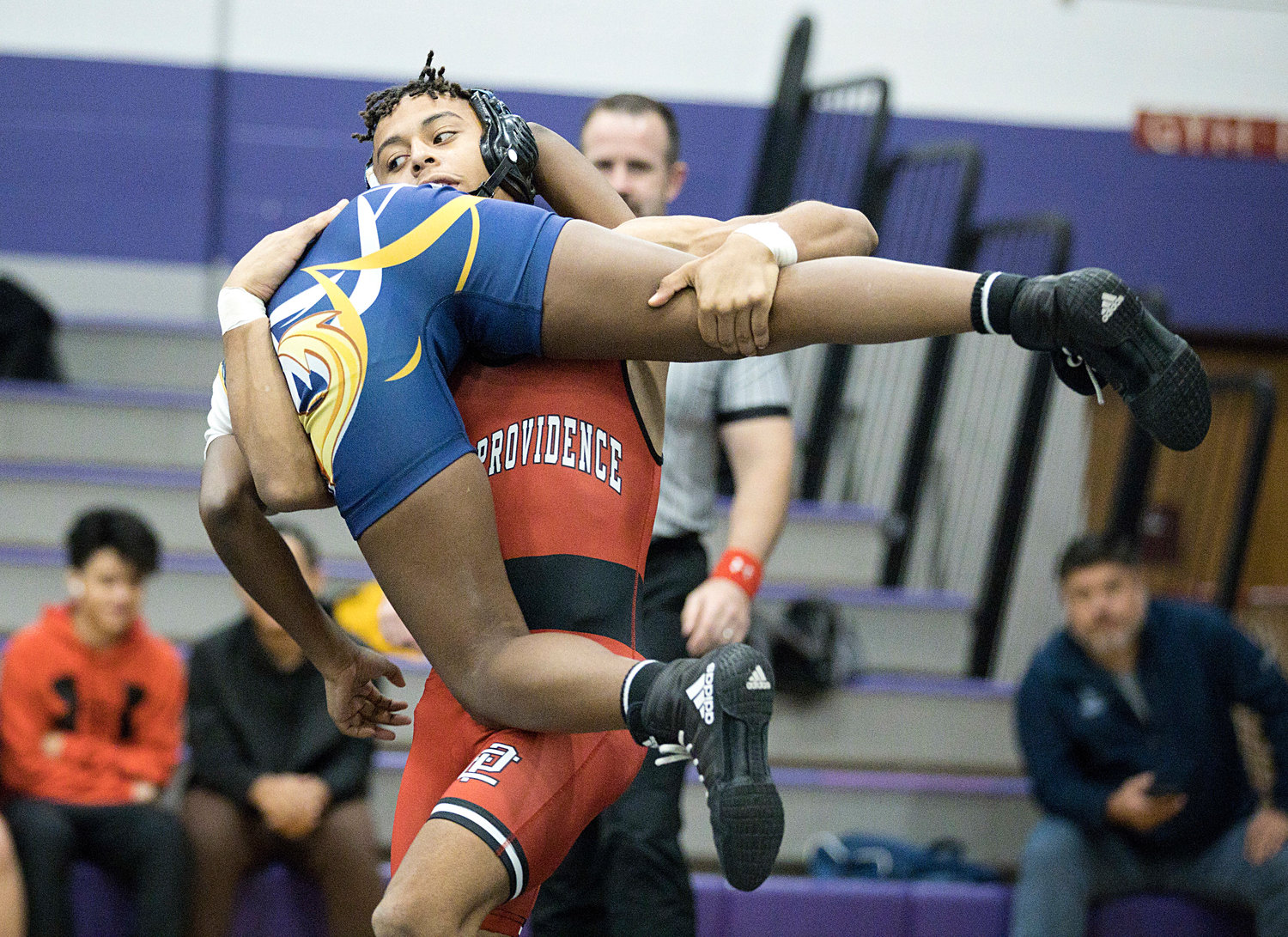 EPHS senior Martim Moniz controls his Barrington opponent during a match at 120 pounds earlier this season. Last weekend, Moniz collected his third tournament title of the winter in the weight class.