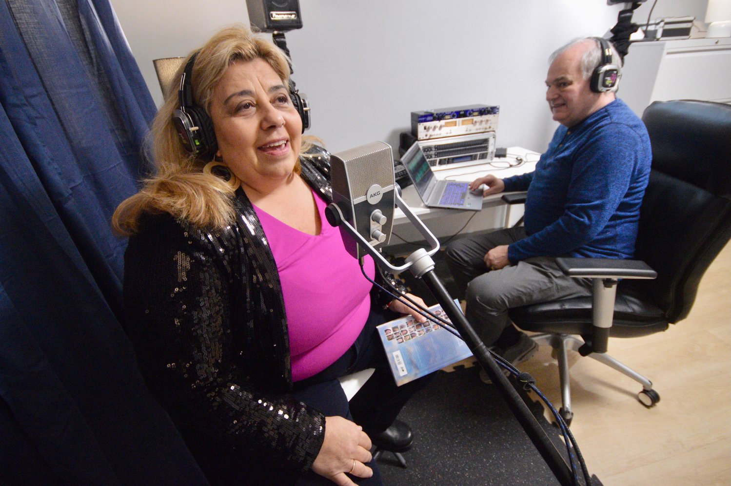 Cynthia Fontaine, a psychic medium who lives in Tiverton but grew up in Common Fence Music, tests out the new recording studio in the basement of the CFP Arts, Wellness and Community Center, with Music at the Point co-founder David Breton at the controls. Fontaine is planning on making some meditation recordings at the student, which is available to the wider community.