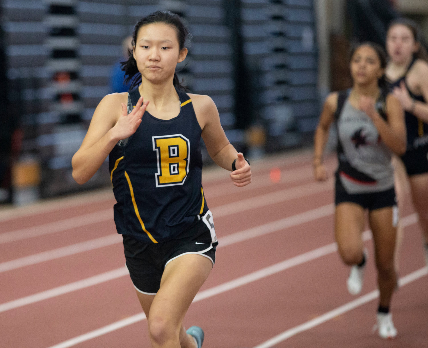 Indie Lamb places first in the 600-meter run during the Class Championships at the Providence Career and Technical Academy on Saturday.