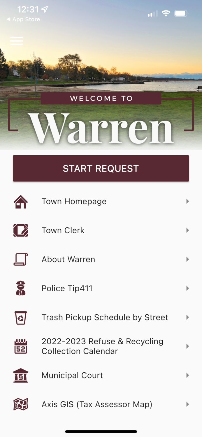 The main menu of the app provides links to various town services. Requests for service can be submitted by clicking the top button.