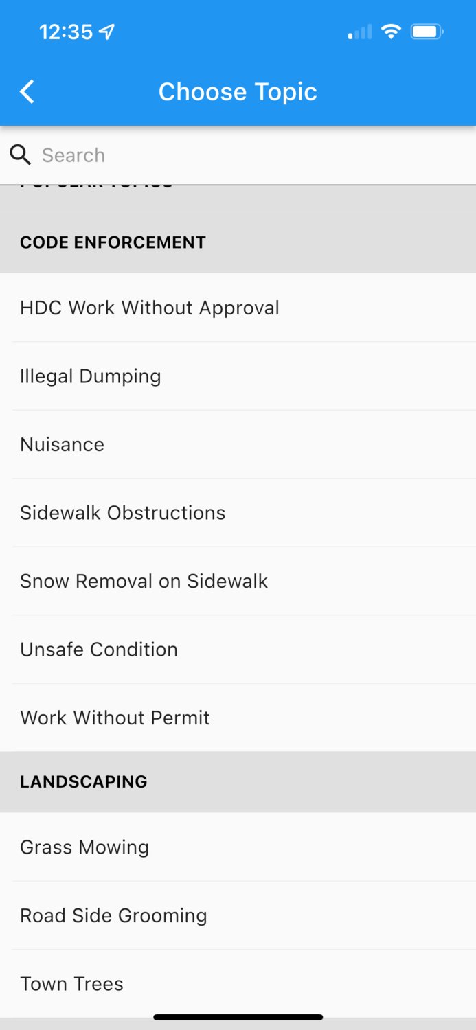 The menu of the app shows the variety of issues users can submit. Users can track the issue from its acceptance by a DPW member to its completion, getting updates along the way.