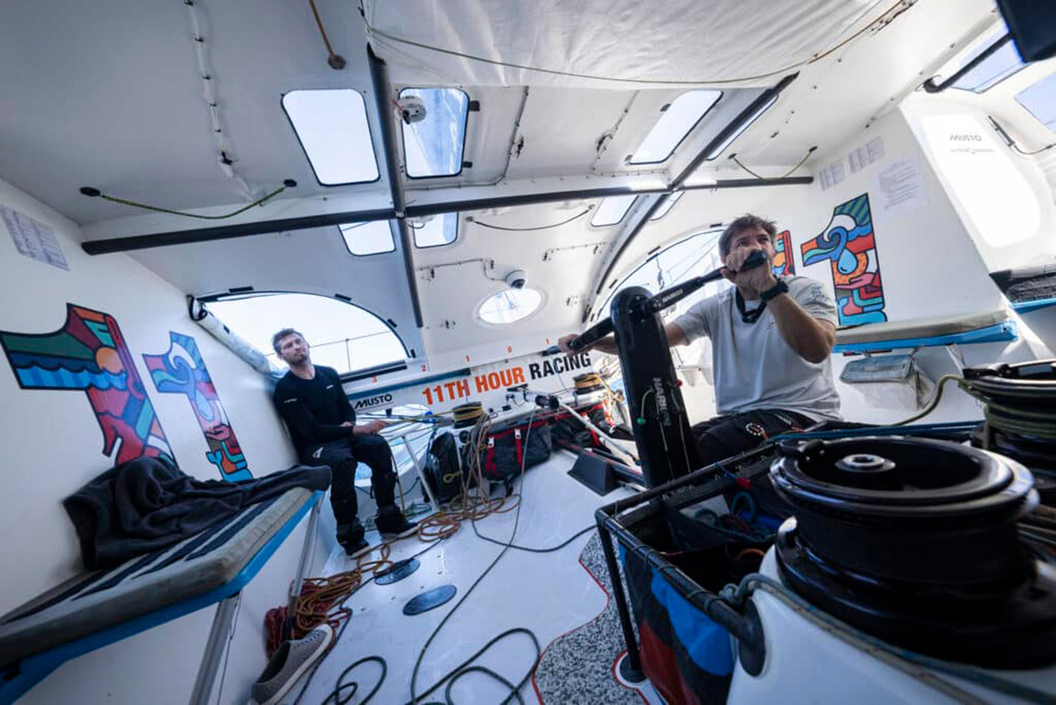 11 February 2023, Onboard 11th Hour Racing Team during Leg 2 from Sao Vicente, Cabo Verde, to Cape Town, South Africa...Jack Bouttell and Simon Fisher work together to keep Malama moving in the light winds.