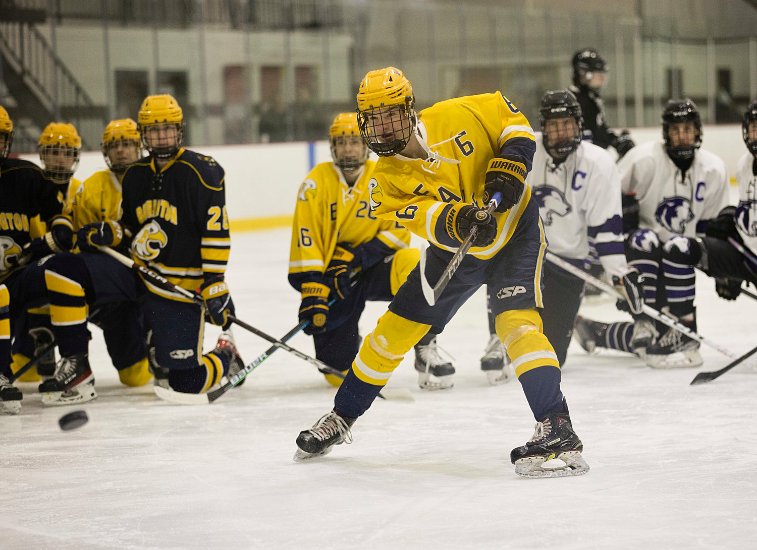 Adam Gorman shoots toward a target during the first-ever J.P. Medeiros Jr. Hockey Competition, Saturday.