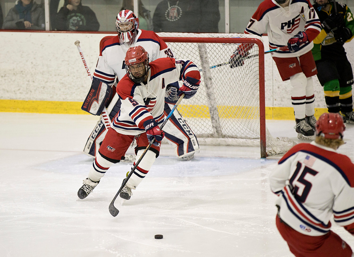 James LeBreux defends the goal during the third period of Friday’s matchup.