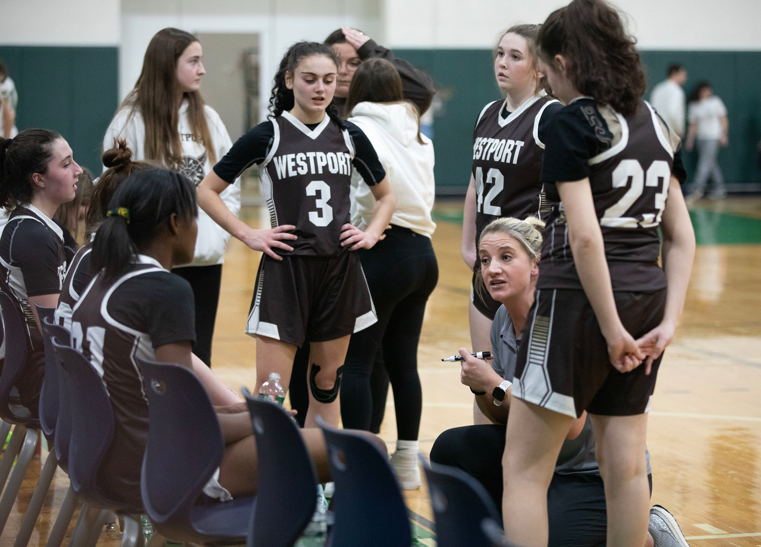Head coach Jen Gargiulo speaks to the Wildcats between quarters during their Elite 8 game at Sutton High School on Friday night.