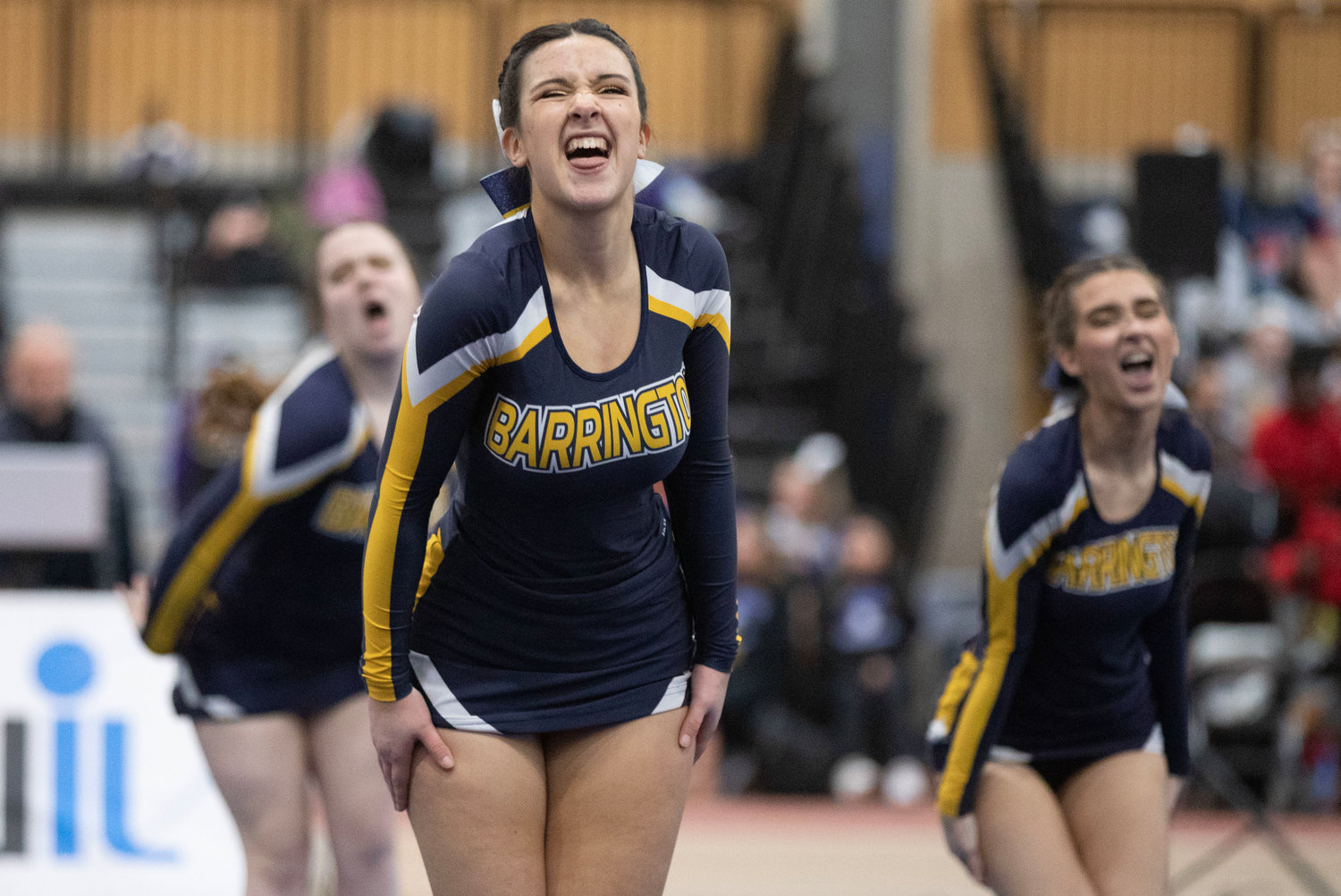 Barrington’s Abby Guertler and her teammates perform at the Rhode Island Interscholastic League Division II Cheer Competition.