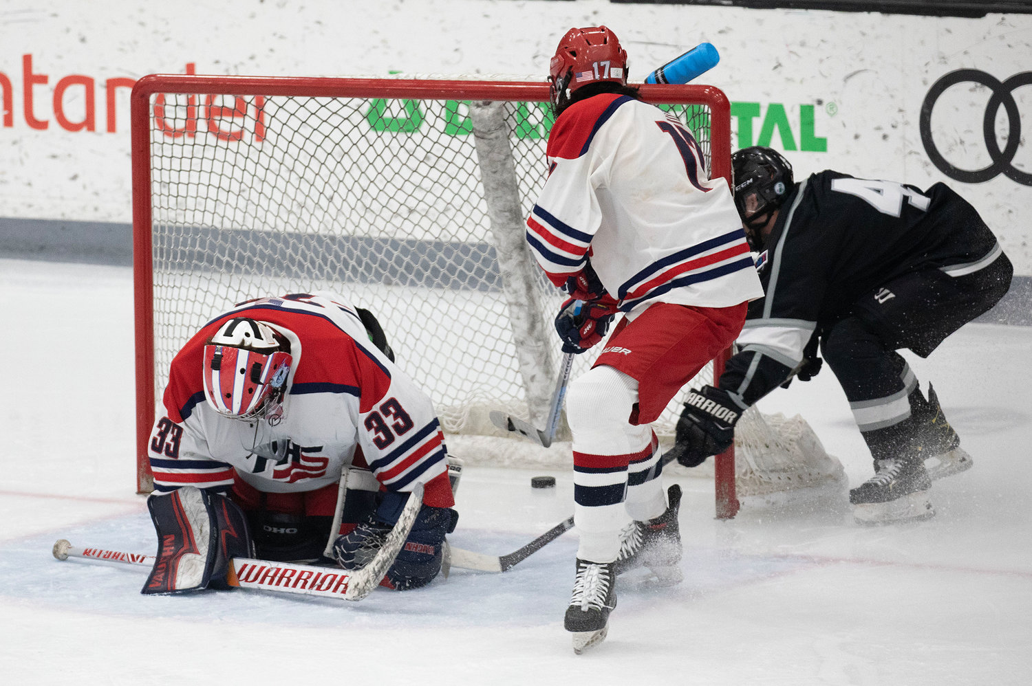 Keaton O’Shea stuffs the puck between Patriots’ goaltender Stephen Dutra’s legs and it trickles into the back of the net to give RMT a 2-1 lead with 6 minutes to play.