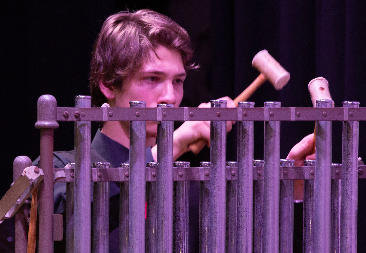 Evan Bogiovanni plays the chimes during “The Great Locomotive Chase.”