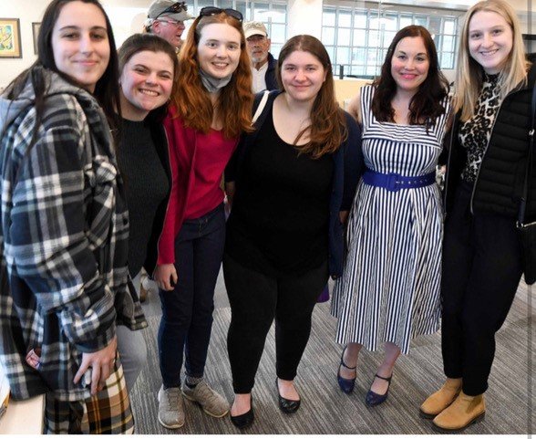 Attendees included Dr. Charlotte Carrington-Farmer’s History 100 students who are working on a big project focused on "decolonizing history." (l-r) Kaylee Martins, Abby Arruda, Cassandra Bousquet, Courtney Garrity (a 2022 alumni and Bristol resident), Dr. Charlotte Carrington-Farmer, and Ryleigh Gonyo.
