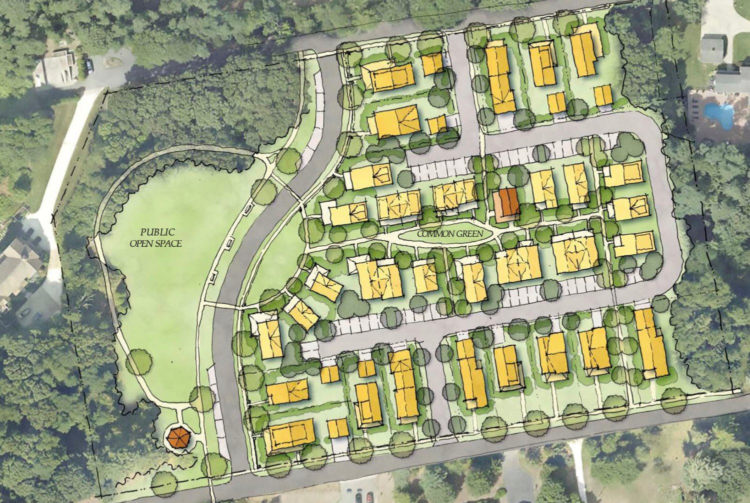The “proposed concept plan” shows 36 units (22 cottage units and 14 single-family units) on less than five acres of land.