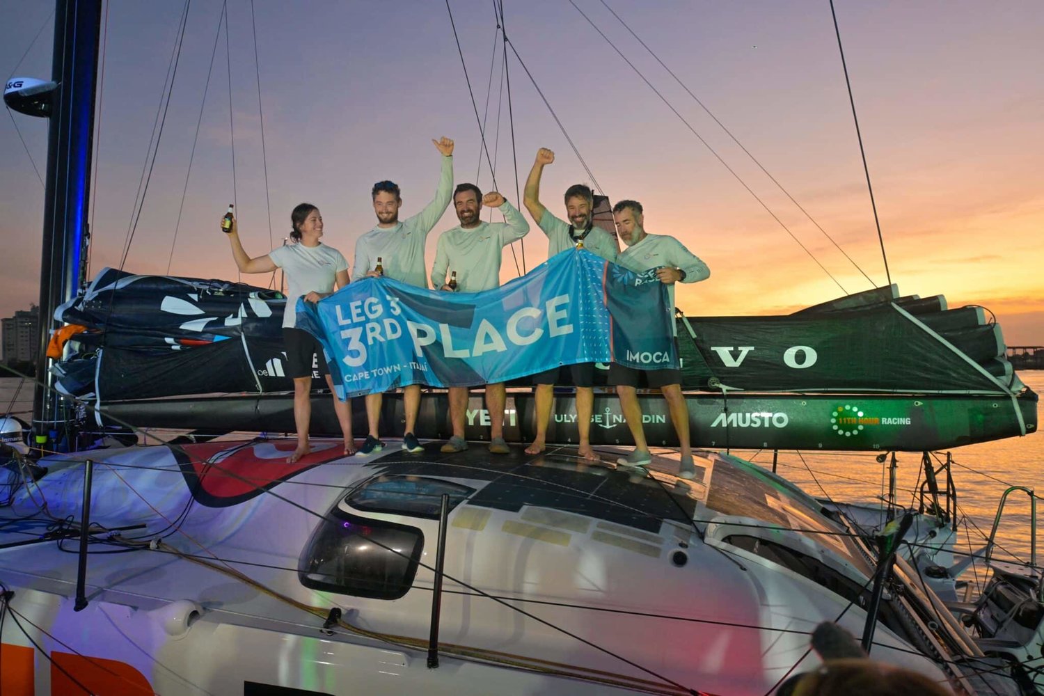 The Ocean Race 2022-23 - 5 April 2023. 11th Hour Racing Team finish Leg 3 at 08:20:23 UTC, 37 days, 20 hours, 10 minutes, 23 seconds, 14,840 nautical miles. The crew celebrating.