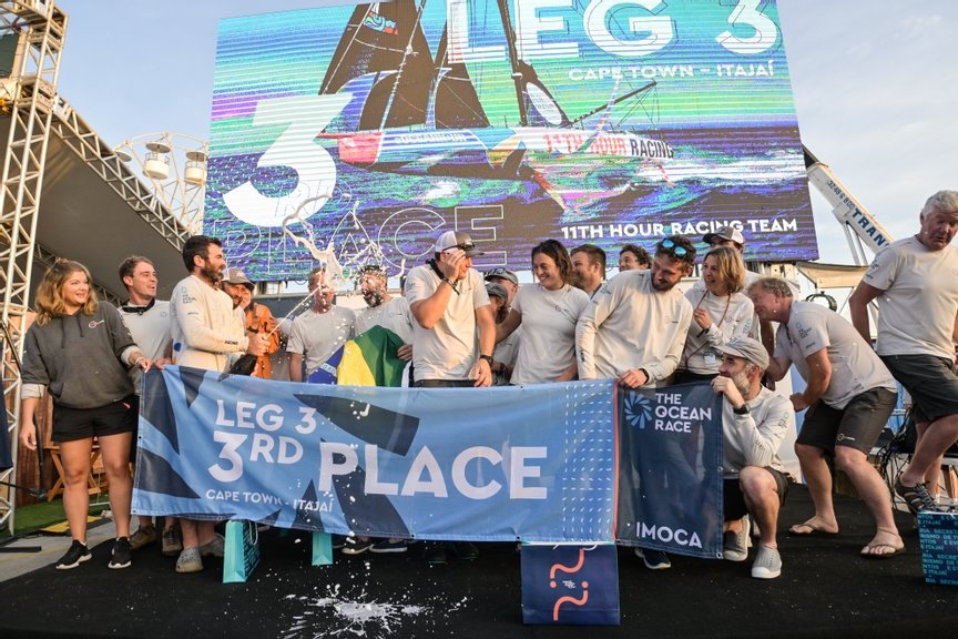 The Ocean Race 2022-23 - 5 April 2023. 11th Hour Racing Team finish Leg 3 at 08:20:23 UTC, 37 days, 20 hours, 10 minutes, 23 seconds, 14,840 nautical miles.  11th Hour Racing Team celebrating the 3rd place in Leg 3.