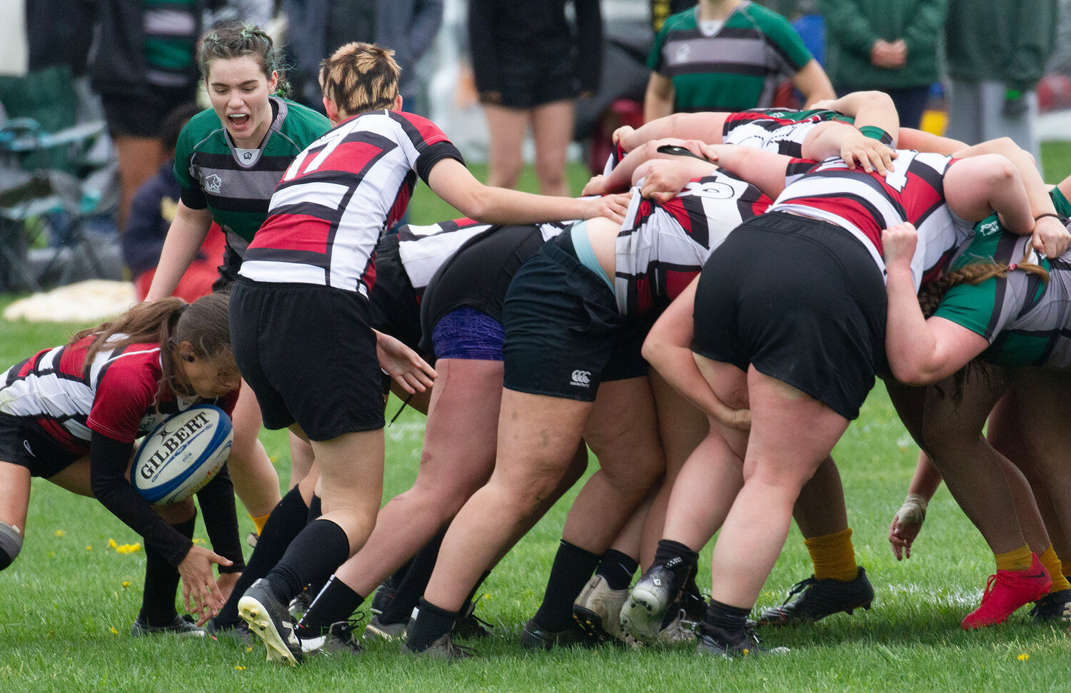 UVM scrum half Emmye “Pyro” Harris screams out to her teammates as the ball falls through the scrum during their match on Saturday.