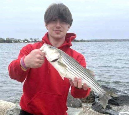 TJ Giddings of the Tackle Box, Warwick, with a school bass caught from shore near Conimicut Point.