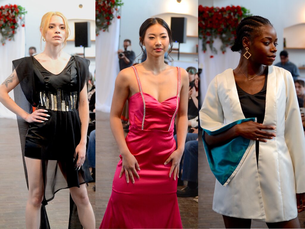 L-R: Jade Rodrigues models a black dress; Emma Graveline models a pink gown designed by Nicole Contente, who said the beading on the front took her two full days of meticulous work; and Dominique Scott models a white jacket during the Poj Laib Tribe Foundation fashion show, held at the Dye House in Providence.