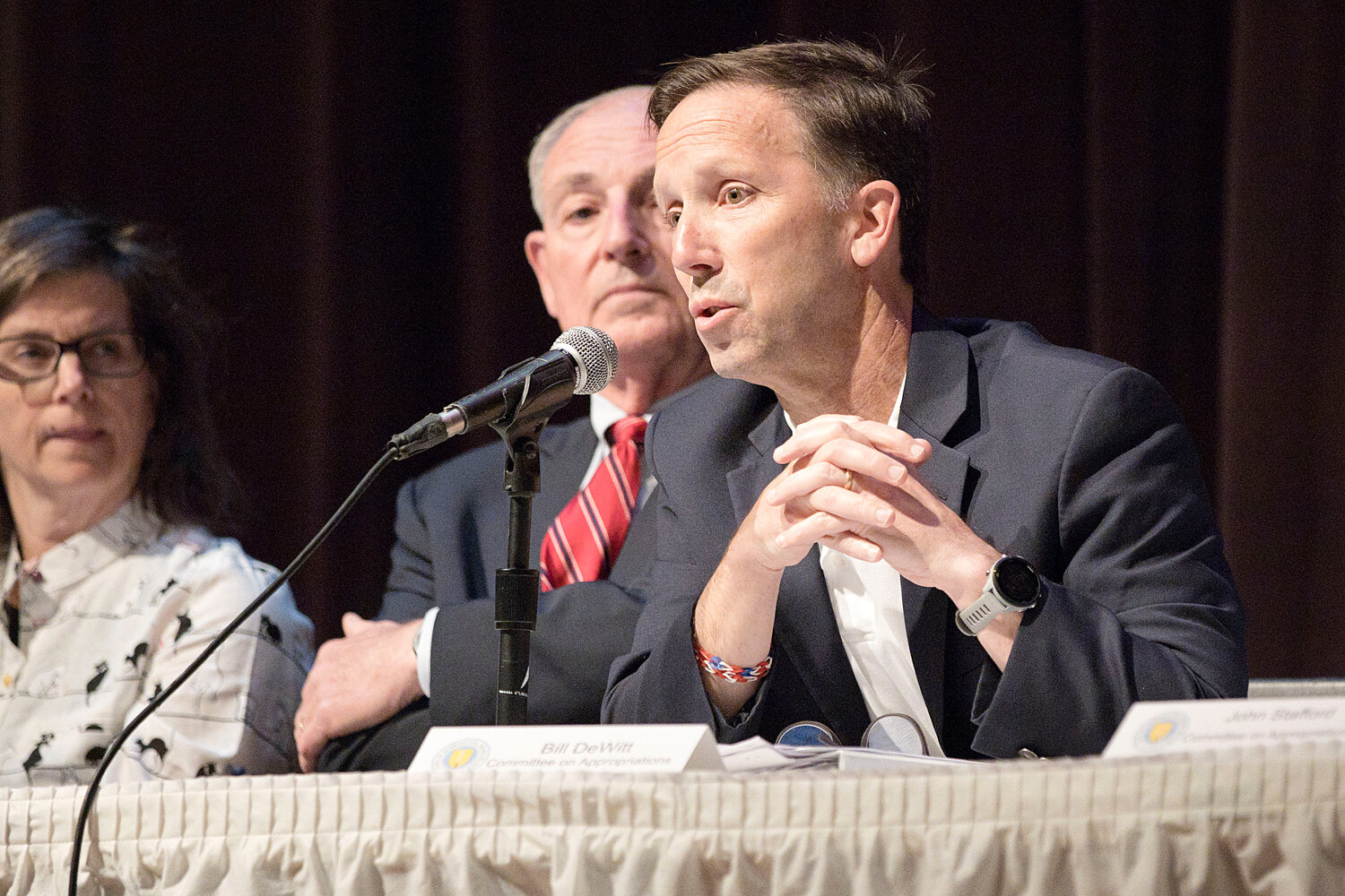 Barrington Committee on Appropriations member Bill DeWitt, shown during the May 24 financial town meeting, opposed the stipend increase.