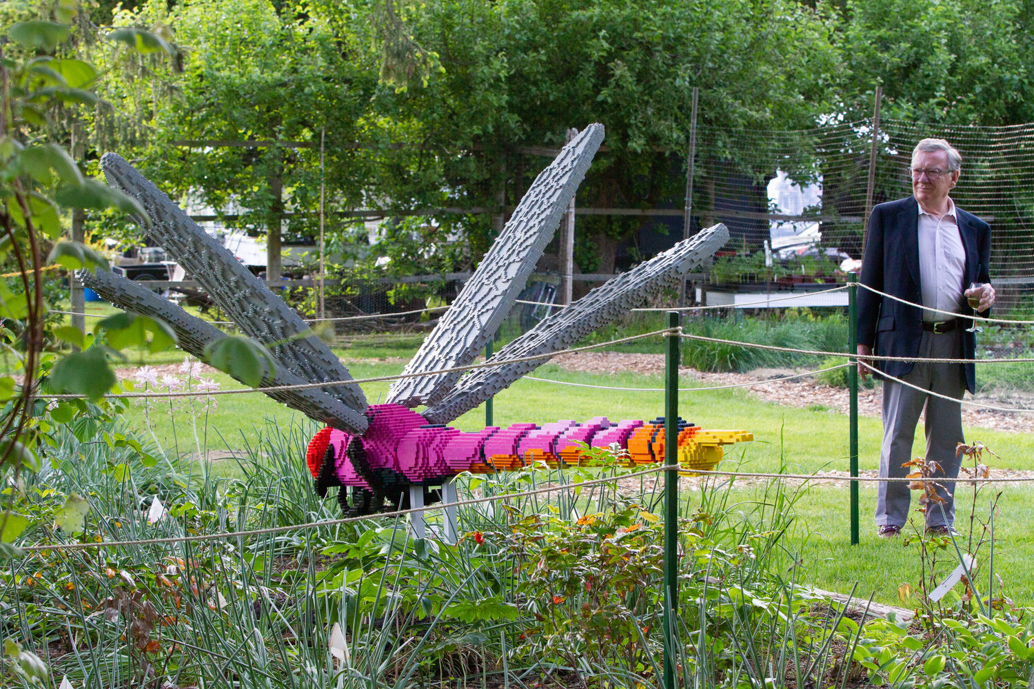 Paul Perrault checks out the dragonfly, which is made out of 27,788 bricks and took 515 hours to build.