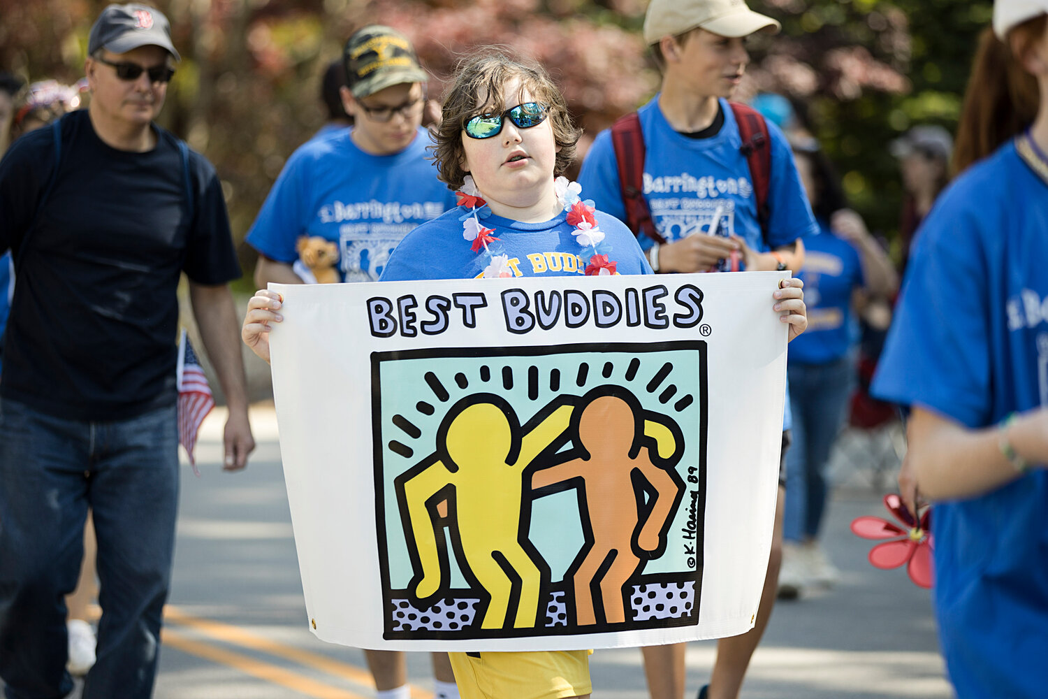 Barrington's "Best Buddies" smile as they walk up Upland Way in Barrington's Memorial Day parade, Monday.