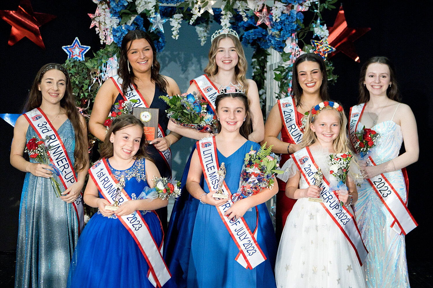 Winners in the 75th Miss Fourth of July Pageant include (back row, left to right) third runner-up Beilah Teixeira, first runner-up and Miss Congeniality Mia Padula, Miss Fourth of July Casey Little, second runner-up Sophia Ferolito and fourth runner-up Skyla Silvia; and (front row) first runner-up Bryn Correia, Little Miss Fourth of July Charlotte Loftus and second runner-up Avery Hicks.