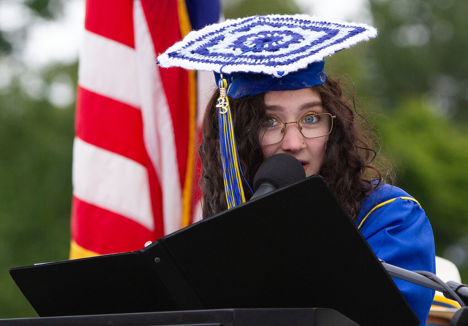 Stella Densley shares her welcome address at Barrington High School’s graduation ceremony on Sunday.