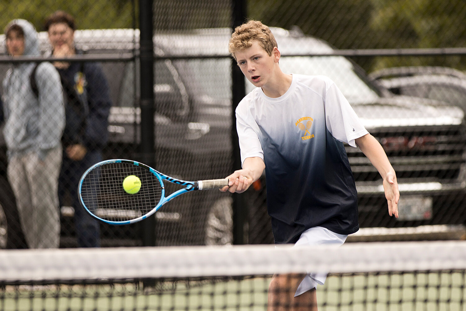No. 1 doubles player, Gabe Anderson, returns the ball to LaSalle opponents.