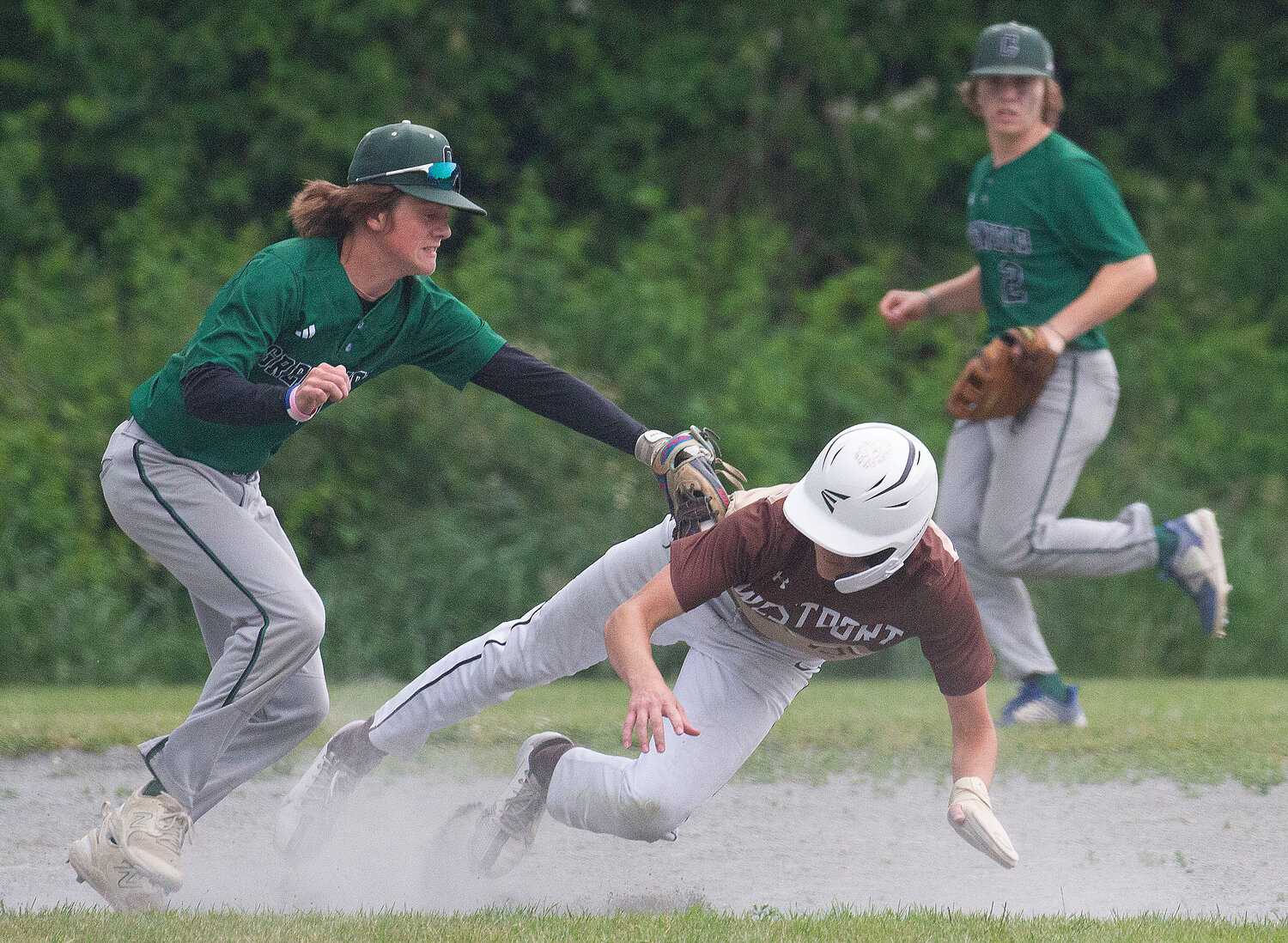 Cam Leary is tagged out during a rundown in the fourth inning.