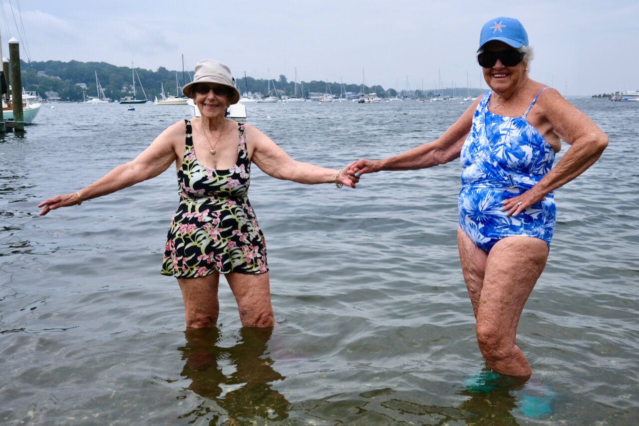 Virginia Lowney (left) and Beth Shumway have been swimming together in the Sakonnet River for about 50 years — and individually for longer than that.
