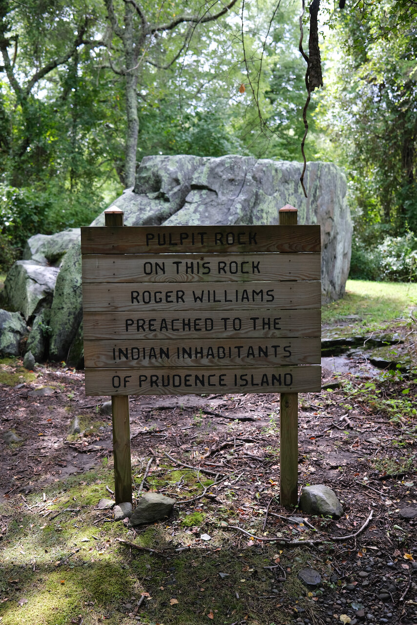 Pulpit Rock, located on Blind Allen Trail off Bay Avenue, is where Roger Williams is said to have preached to the Native inhabitants of Prudence Island.