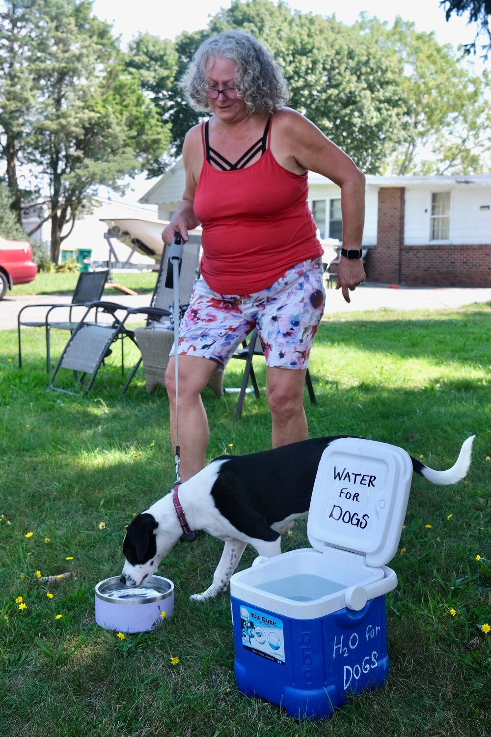 Norma Alix, with her 7-month-old mixed-breed, Willow, tends to the cooler that she filled with water for the thirsty dogs along Point Road.