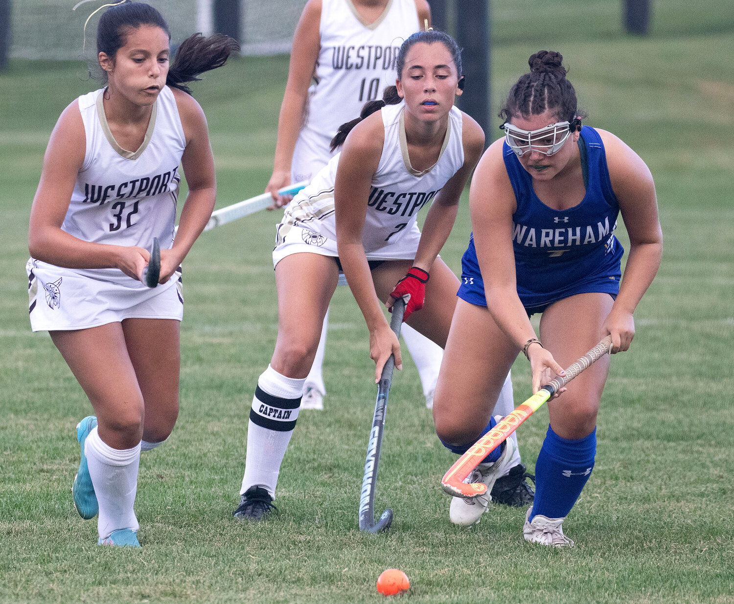 Kaylin Pacheco (left) and Avery Avila attack a Wareham defensive back.