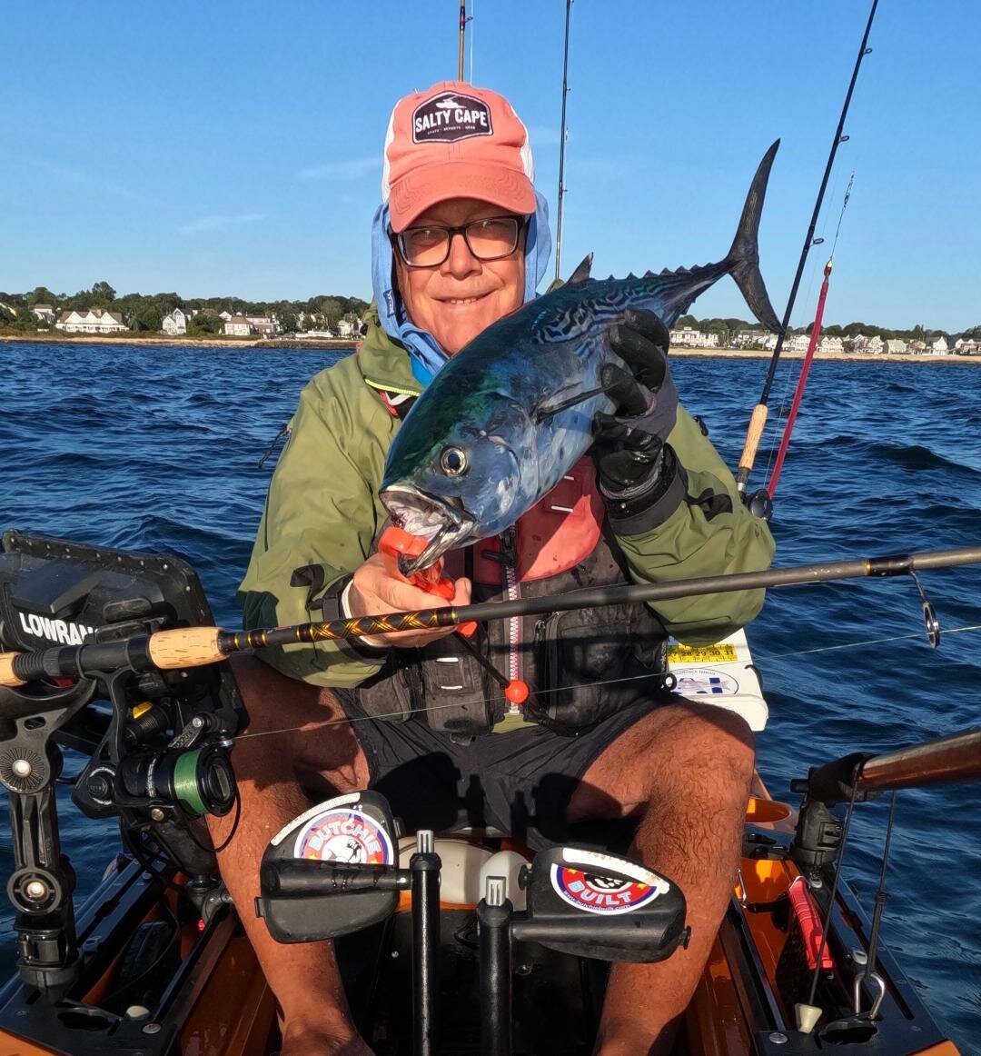 Tom Hood with a false albacore caught off Narragansett from his kayak last fall.