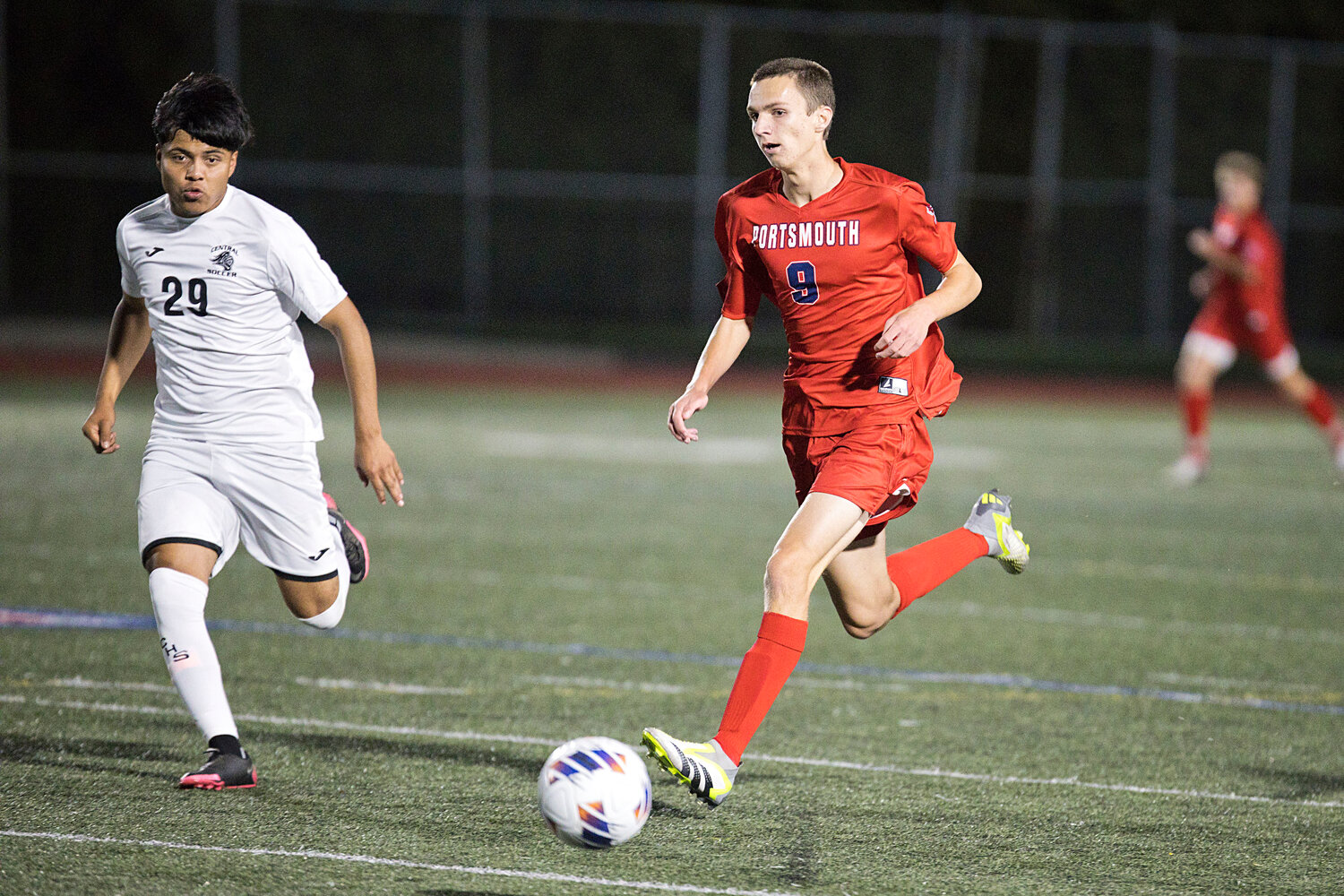 Defender Owen Gervelis carries the ball upfield during Tuesday’s match against Central.