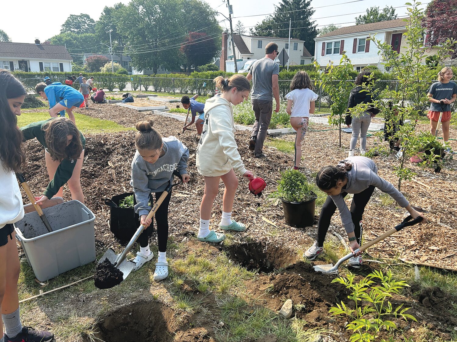 Middle school students tend to Gordon’s community garden, which is managed collaboratively by younger and older students working together.