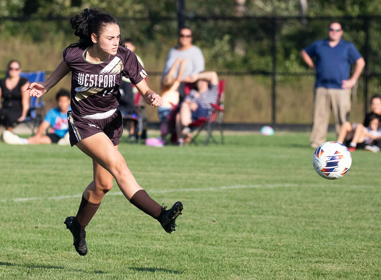 Senior captain Korynne Holden blasts a kick on goal during their home win over Wareham on Tuesday.