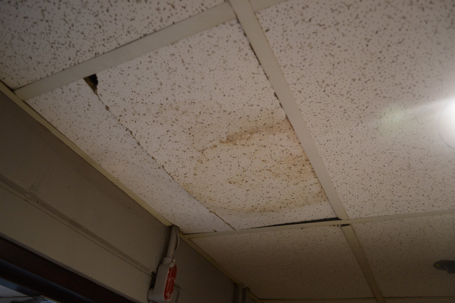 Water damage can be seen throughout the school along the ceiling.