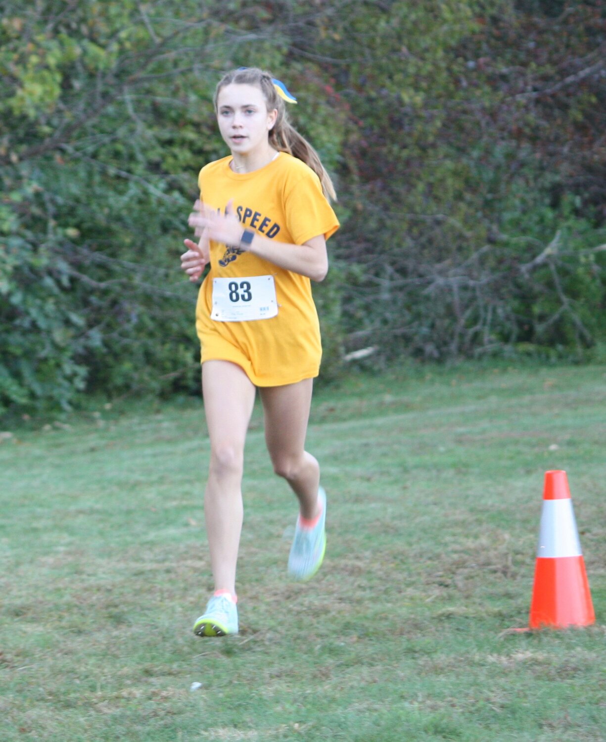Gracie Gaines finishes third overall and first for Barrington in the girls varsity race at the Eastern Divisional Championship meet at Glen Park in Portsmouth.