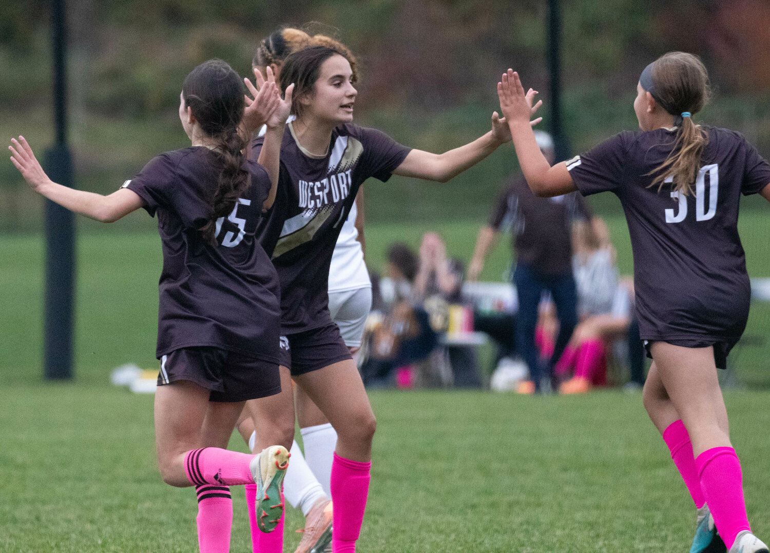 Julia George (left) celebrates a goal scored by seventh grader Sophia Nickelson (left) and assisted by seventh grader Harper Thibodeau (right) during the Wildcats’ win over Southeastern.
