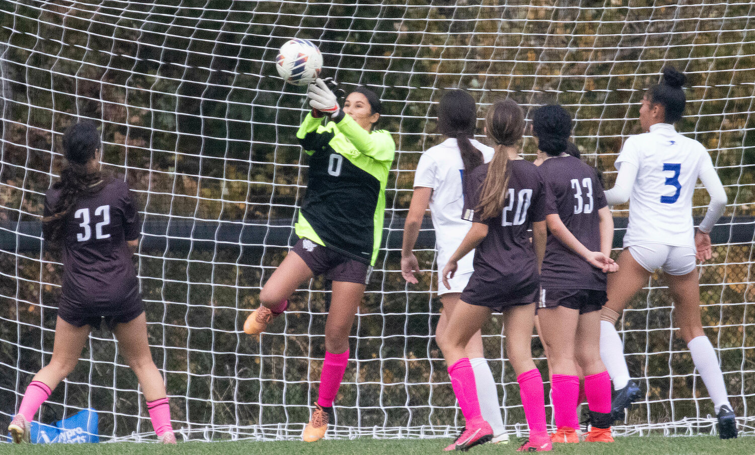 Goalkeeper Morgan Pacheco makes a save during the game.