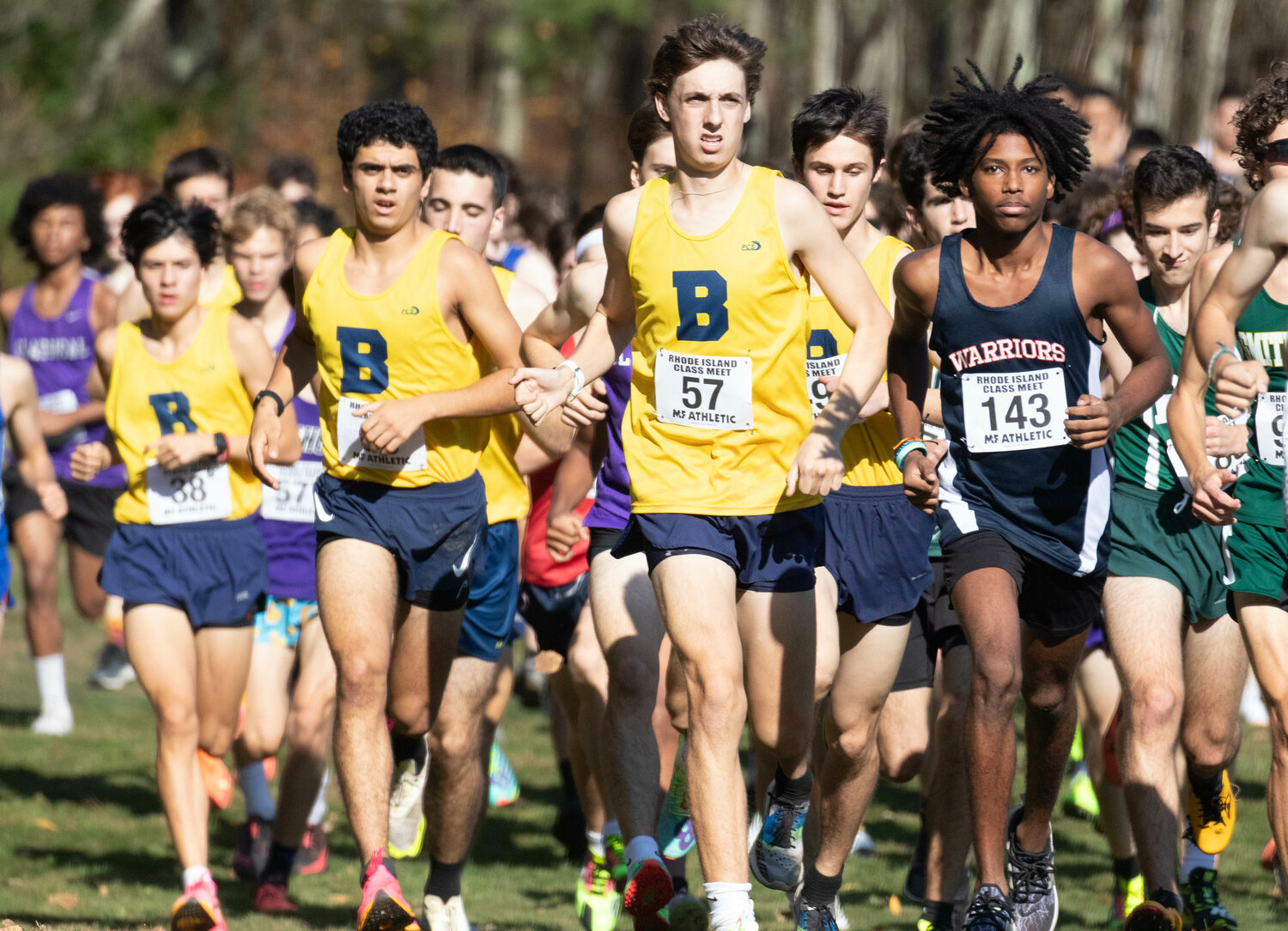 Barrington High School’s Michael Chun, Brandon Piedade and Myles Napolitano (from left to right) race in the Class B Championship on Saturday.