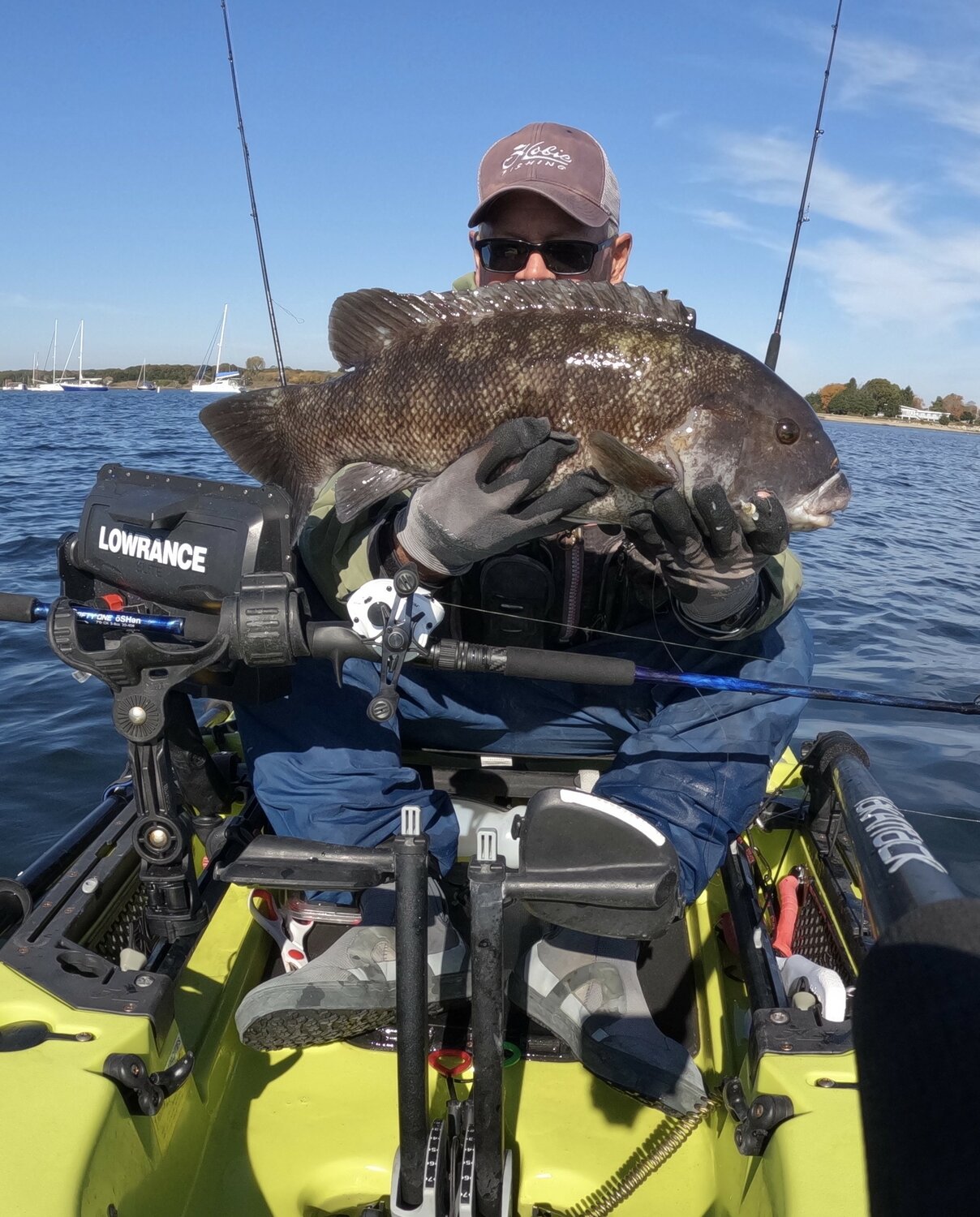Kayak angler Tom Houde said, “Caught a stringer of keeper tog last week in the West Bay, including this 21” female which was released after a quick photo. Water temp 60 degrees, depth 20 feet.”