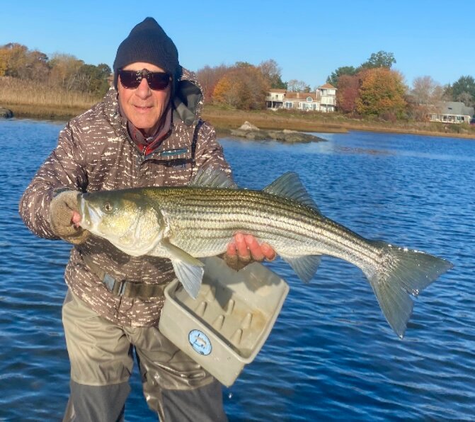Expert fly fishing guide Ed Lombardo, with a keeper size striped bass caught on one of his Hot Pink Ed’s Flies.