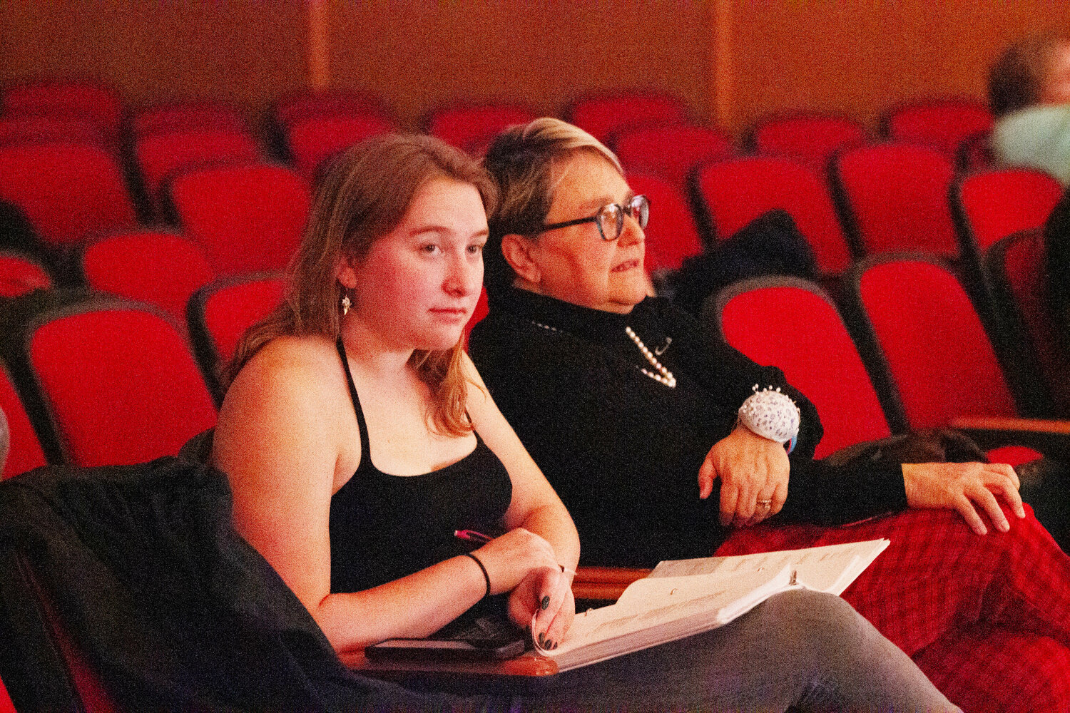Assistant director Liz Lavery (left) watches a scene being rehearsed from the front row with director Sheli Beck Silveria. Lavery is doing the play as her senior project at PHS. “Liz Lavery has outdone herself; I’m beyond proud of her,” Silveria says.